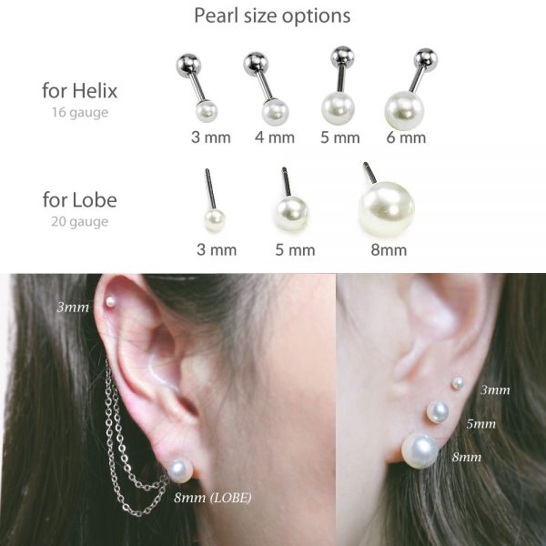 16g 20g Pearl helix to lobe chain earring, dangle chain earring, helix earring, ear cartilage piercing chain jewelry, 316l surgical steel - Image 3