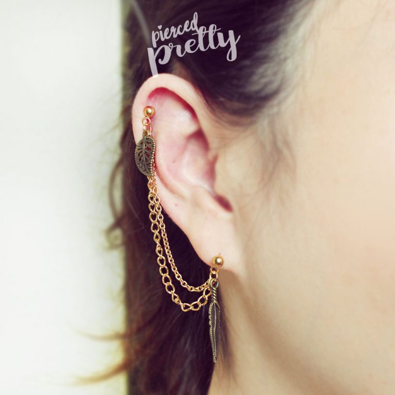 Wing helix to lobe double chain hoop earring, 18g ear cartilage