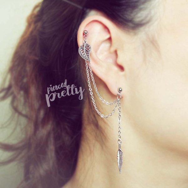 Leaf & Feather helix to lobe double chain earring, 20g dangle chain earring, helix earring, ear cartilage piercing chain jewelry