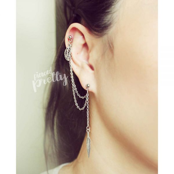 Leaf & Feather helix to lobe double chain earring, 20g dangle chain earring, helix earring, ear cartilage piercing chain jewelry - Image 7