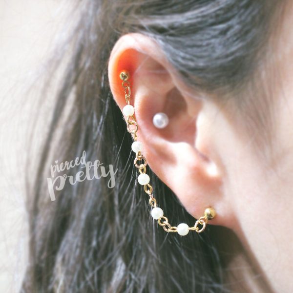 Pearl helix to lobe chain earring, Ear cartilage two hole chain jewelry, 304 / 316l Stainless Steel, Sold individually
