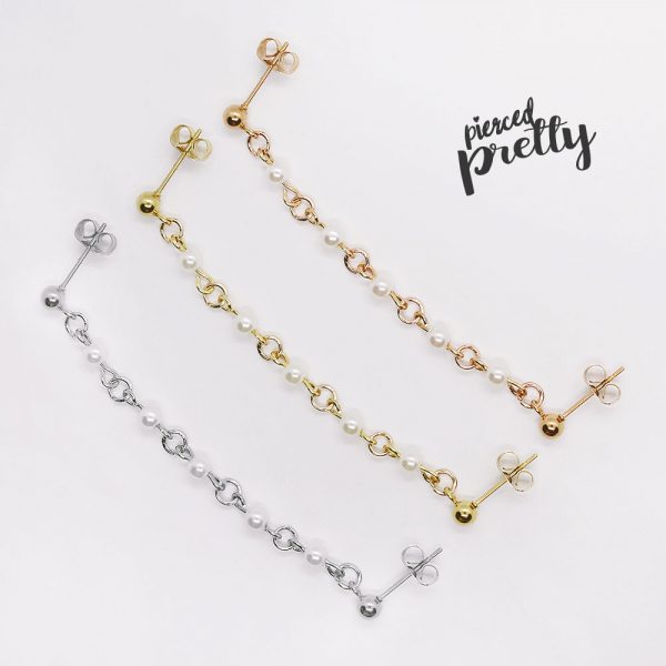 Pearl helix to lobe chain earring, Ear cartilage two hole chain jewelry, 304 / 316l Stainless Steel, Sold individually - Image 2