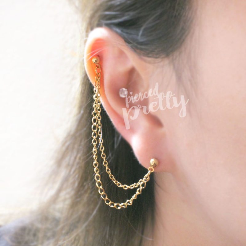 20g 16g helix to lobe chain earring, Rose gold chain earring, helix
