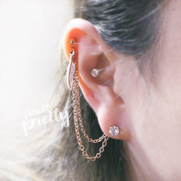 20g 16g Helix to lobe feather & CZ stud chain earring, helix double chain earring, ear cartilage chain jewelry, 304 / 316l Stainless Steel
