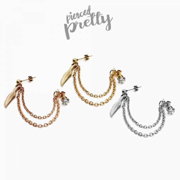 20g 16g Helix to lobe feather & CZ stud chain earring, helix double chain earring, ear cartilage chain jewelry, 304 / 316l Stainless Steel - Image 2