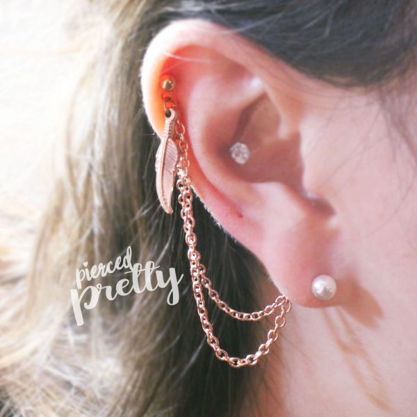 20g 16g Helix to lobe feather & Pearl chain earring, helix double chain earring, ear cartilage chain jewelry, 304 / 316l Stainless Steel