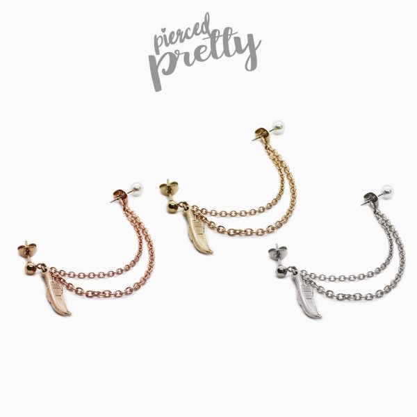 20g 16g Helix to lobe feather & Pearl chain earring, helix double chain earring, ear cartilage chain jewelry, 304 / 316l Stainless Steel - Image 2