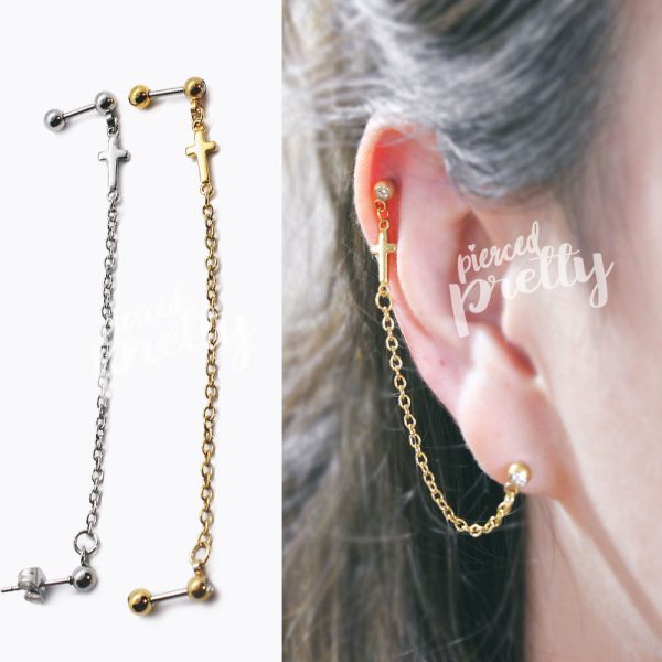 20g 16g Cross helix to lobe chain earring, Helix chain earring, Ear cartilage piercing chain jewelry, 304 / 316l stainless steel, 1pc