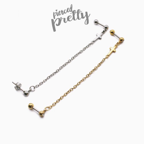 20g 16g Cross helix to lobe chain earring, Helix chain earring, Ear cartilage piercing chain jewelry, 304 / 316l stainless steel, 1pc - Image 2