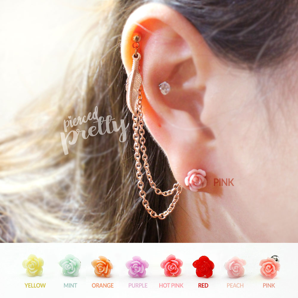 20g 16g Helix to lobe feather & Rose chain earring, Helix double chain earring, Ear cartilage chain jewelry, Stainless Steel, Sold individually