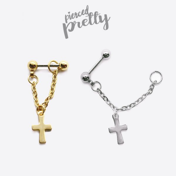 20g 16g Cross dangle chain earring, Conch chain hoop, Ear cartilage helix conch lobe chain jewelry, 304 / 316l Stainless Steel, Sold as piece - Image 2