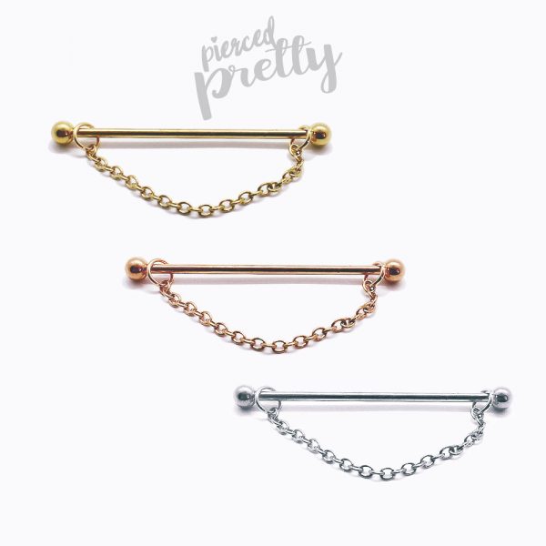 14g 1&1/2"(38mm) Chain industrial earring, 316l surgical steel, 16g 2bars gold rosegold industrial piercing, 1pc - Image 2