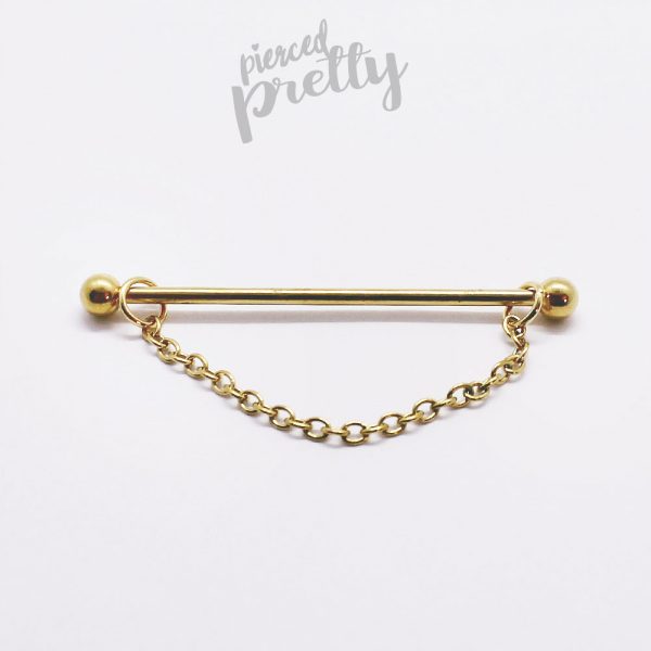14g 1&1/2"(38mm) Chain industrial earring, 316l surgical steel, 16g 2bars gold rosegold industrial piercing, 1pc - Image 3
