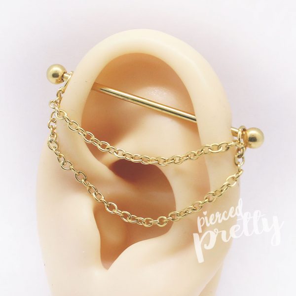 14g 1&1/2"(38mm) double chain industrial earring, 316l surgical steel, 16g 2bars gold rosegold industrial piercing, 1pc