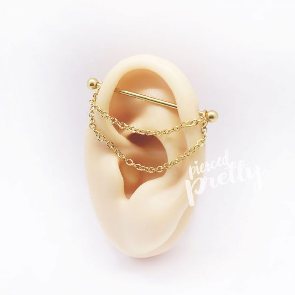 14g 1&1/2"(38mm) double chain industrial earring, 316l surgical steel, 16g 2bars gold rosegold industrial piercing, 1pc - Image 4