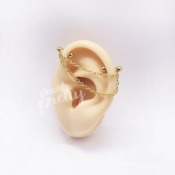 14g 1&1/2"(38mm) double chain industrial earring, 316l surgical steel, 16g 2bars gold rosegold industrial piercing, 1pc - Image 5