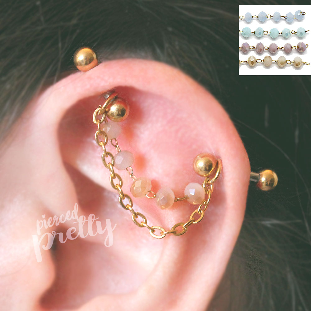 316l surgical steel 16g 14g Opal crystal two studs double chain industrial earrings gold rosegold comfortable industrial piercing 