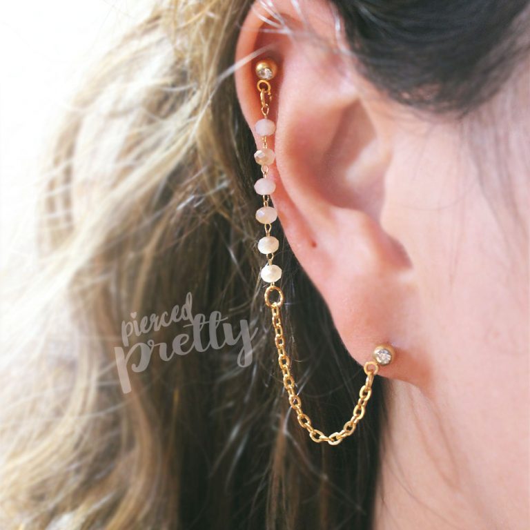 20g 16g Opal crystal helix to lobe double chain earring, Two holes