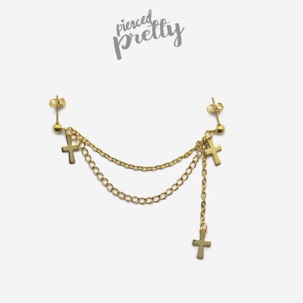 20g 16g Cross dangle helix to lobe double chain earring, Two holes chain ear stud, 304 / 316l stainless steel - Image 5