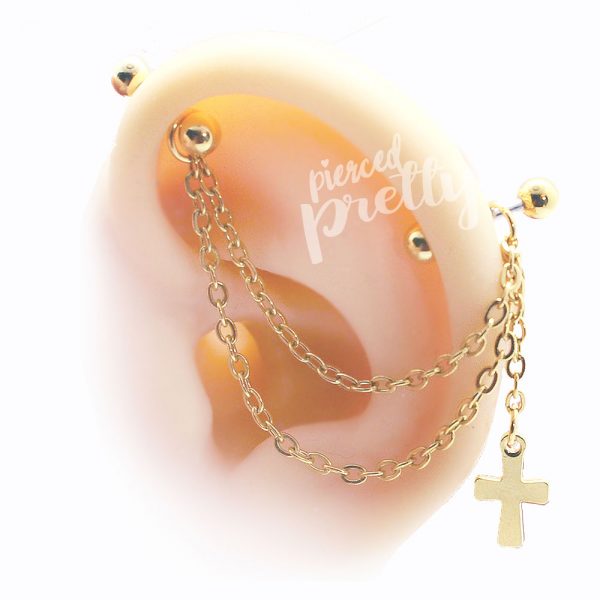 16g 14g Cross dangle two studs double chain industrial earrings, 316l surgical steel, Comfortable industrial piercing