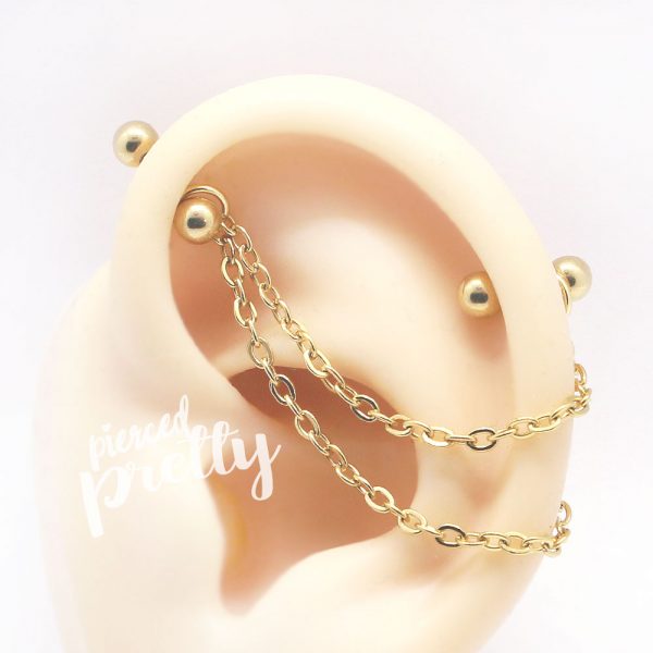 16g 14g two studs double chain industrial earrings, 316l surgical steel, gold rosegold comfortable industrial piercing