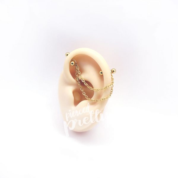 16g 14g two studs double chain industrial earrings, 316l surgical steel, gold rosegold comfortable industrial piercing - Image 4