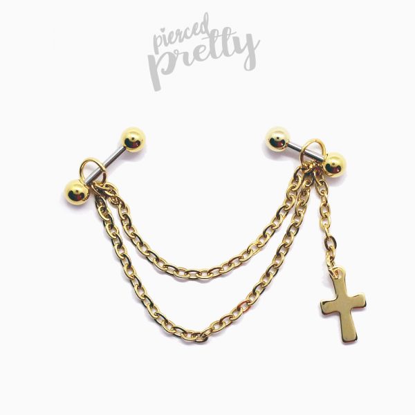 16g 14g Cross dangle two studs double chain industrial earrings, 316l surgical steel, Comfortable industrial piercing - Image 2