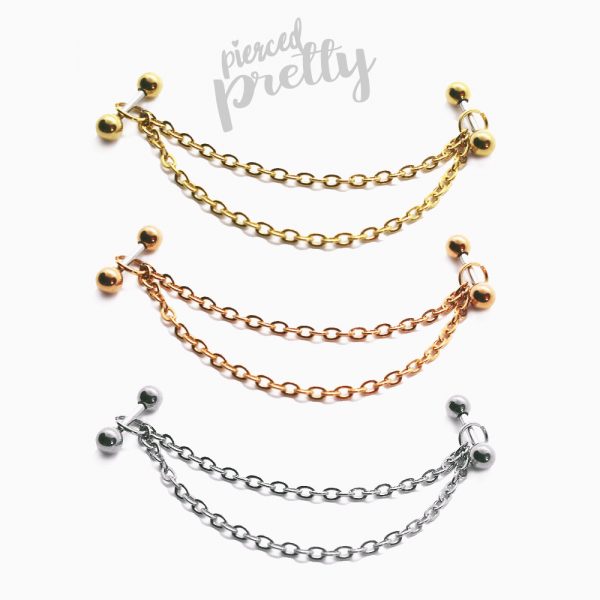 16g 14g two studs double chain industrial earrings, 316l surgical steel, gold rosegold comfortable industrial piercing - Image 2