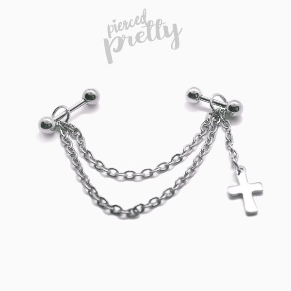 16g 14g Cross dangle two studs double chain industrial earrings, 316l surgical steel, Comfortable industrial piercing - Image 4