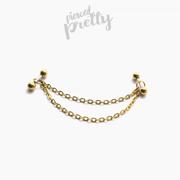 16g 14g two studs double chain industrial earrings, 316l surgical steel, gold rosegold comfortable industrial piercing - Image 5