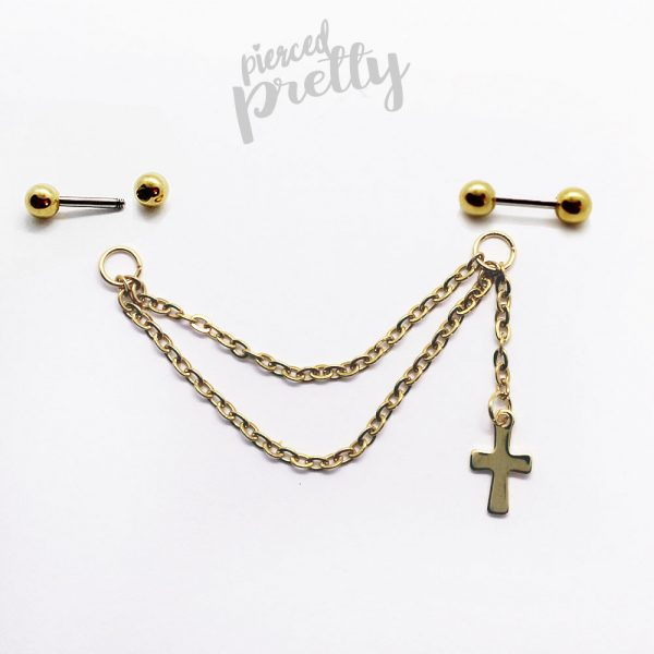 16g 14g Cross dangle two studs double chain industrial earrings, 316l surgical steel, Comfortable industrial piercing - Image 3