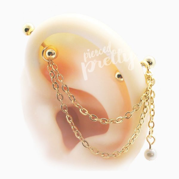 16g 14g Pearl dangle two studs double chain industrial earrings, 316l surgical steel, Comfortable industrial piercing