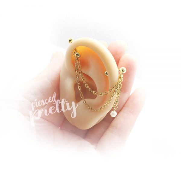 16g 14g Pearl dangle two studs double chain industrial earrings, 316l surgical steel, Comfortable industrial piercing - Image 5