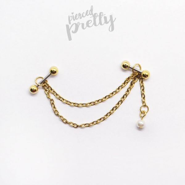 16g 14g Pearl dangle two studs double chain industrial earrings, 316l surgical steel, Comfortable industrial piercing - Image 2