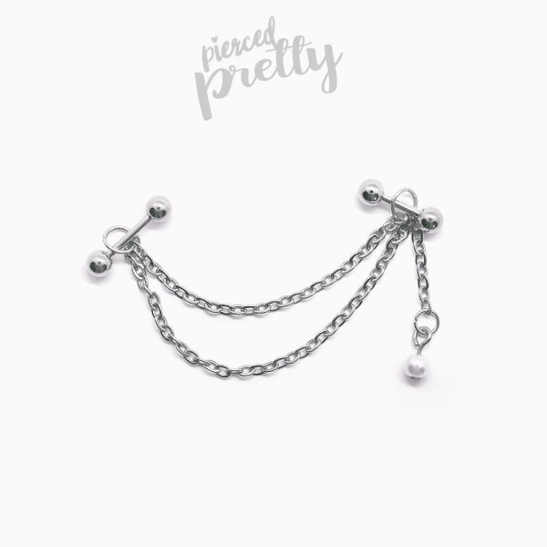 16g 14g Pearl dangle two studs double chain industrial earrings, 316l surgical steel, Comfortable industrial piercing - Image 3
