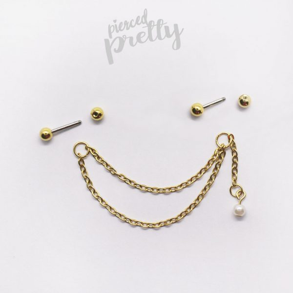16g 14g Pearl dangle two studs double chain industrial earrings, 316l surgical steel, Comfortable industrial piercing - Image 4