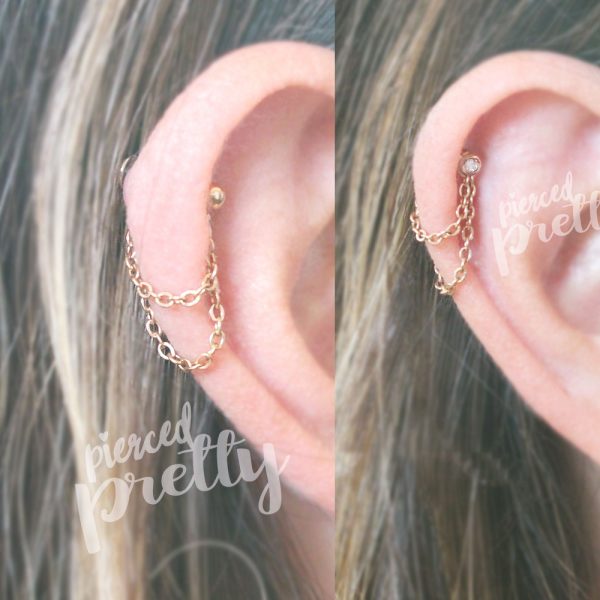 20g, 16g Dainty thin double chain helix ear hoop Flat back chain cartilage earring 316l surgical steel Rose gold conch, labret bar, 1pc