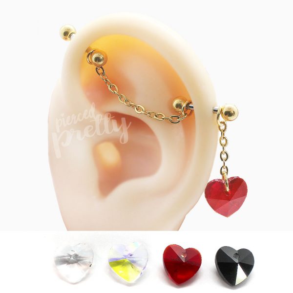 16g 14g Heart dangle two studs chain industrial earrings, 316l surgical steel, Comfortable industrial piercing