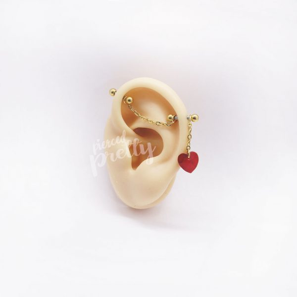 16g 14g Heart dangle two studs chain industrial earrings, 316l surgical steel, Comfortable industrial piercing - Image 4
