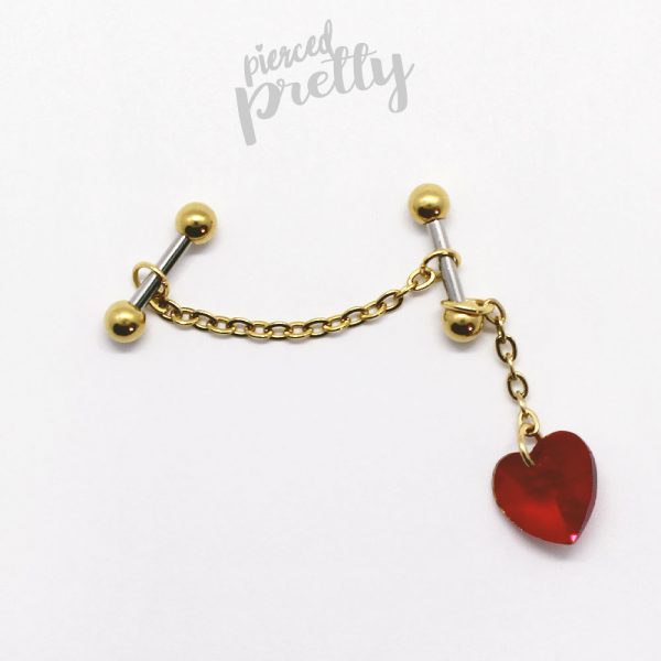 16g 14g Heart dangle two studs chain industrial earrings, 316l surgical steel, Comfortable industrial piercing - Image 5