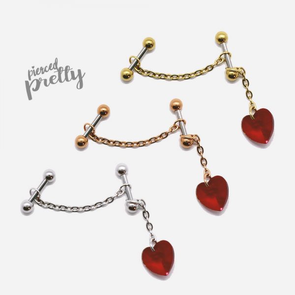 16g 14g Heart dangle two studs chain industrial earrings, 316l surgical steel, Comfortable industrial piercing - Image 2