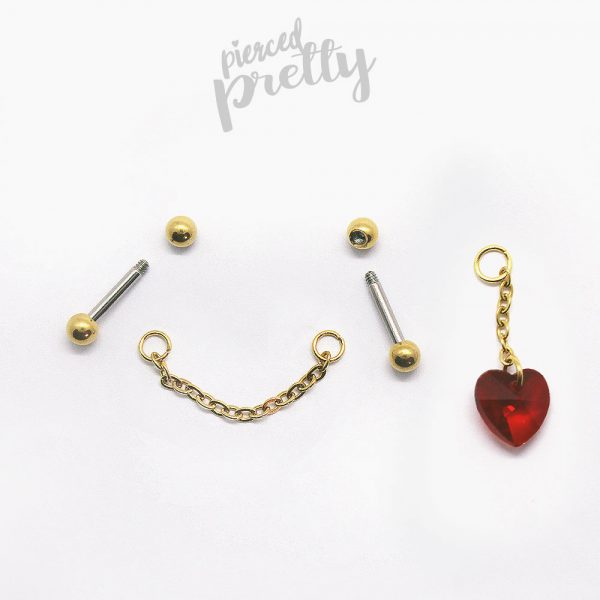 16g 14g Heart dangle two studs chain industrial earrings, 316l surgical steel, Comfortable industrial piercing - Image 6