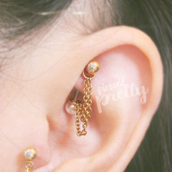 16g 4 5 6mm Pearl chain curved barbell, Double chain rook ear studs, snug outer helix daith rook cartilage jewelry, Eyebrow ring, Belly button ring