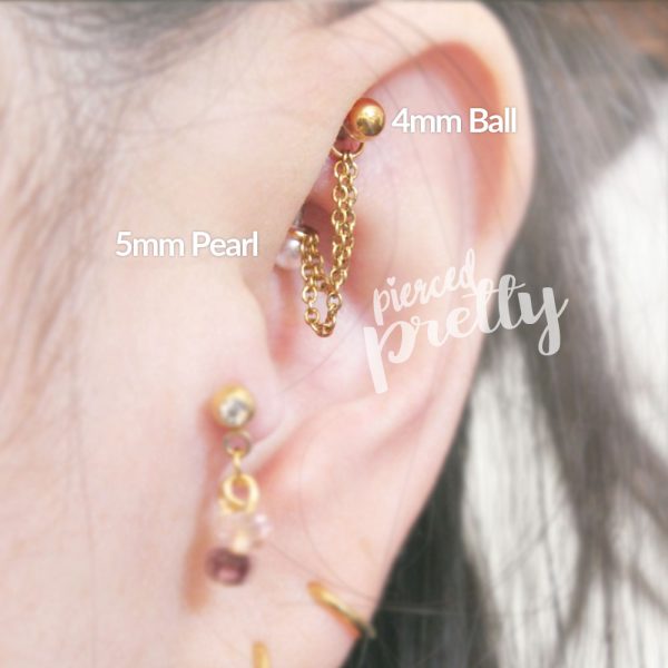 16g 4 5 6mm Pearl chain curved barbell, Double chain rook ear studs, snug outer helix daith rook cartilage jewelry, Eyebrow ring, Belly button ring - Image 7