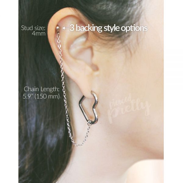 18g 16g Helix to lobe heart hoop chain earring, helix hoop chain earring, ear cartilage chain jewelry, Kpop Style heart hoops, 304 / 316l Stainless Steel - Image 3