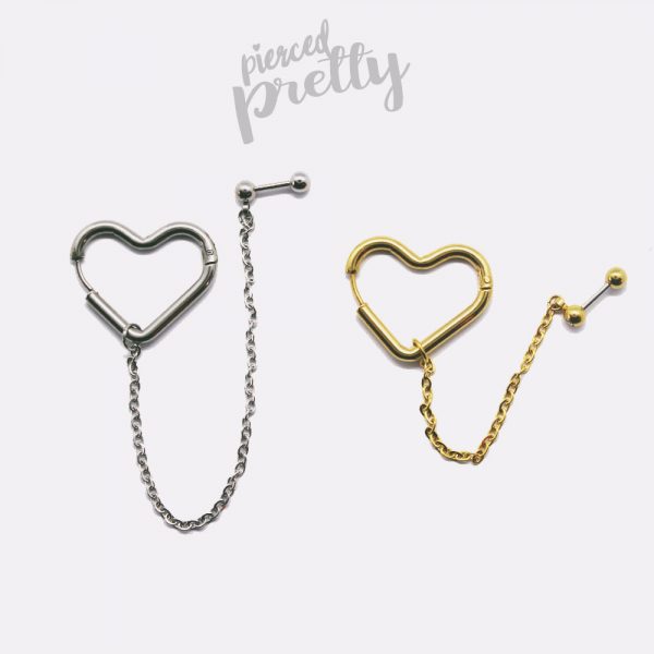 18g 16g Helix to lobe heart hoop chain earring, helix hoop chain earring, ear cartilage chain jewelry, Kpop Style heart hoops, 304 / 316l Stainless Steel - Image 2