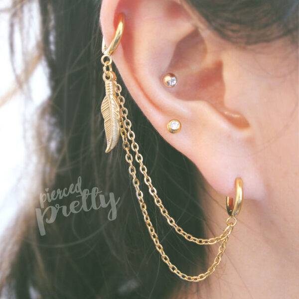 Helix to lobe feather hoops chain earring, Helix double chain hoops, Ear cartilage chain jewelry, Stainless Steel, Sold individually