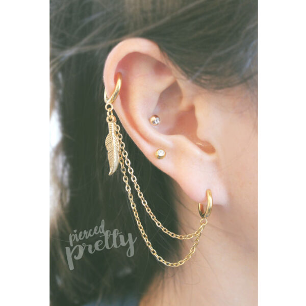 Helix to lobe feather hoops chain earring, Helix double chain hoops, Ear cartilage chain jewelry, Stainless Steel, Sold individually - Image 4