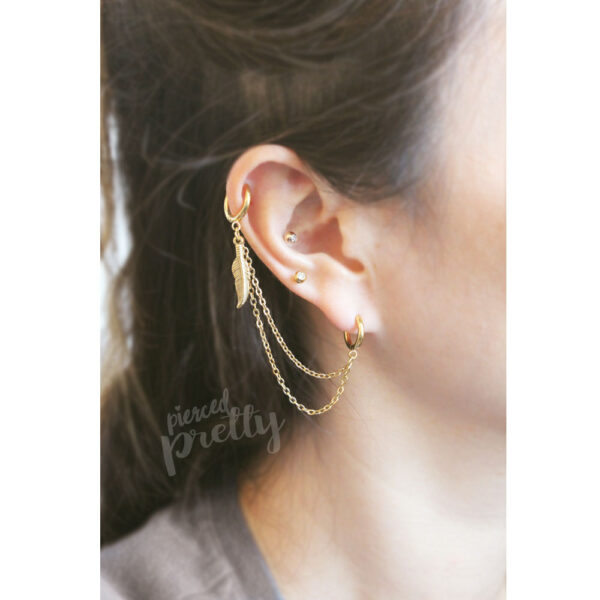 Helix to lobe feather hoops chain earring, Helix double chain hoops, Ear cartilage chain jewelry, Stainless Steel, Sold individually - Image 5